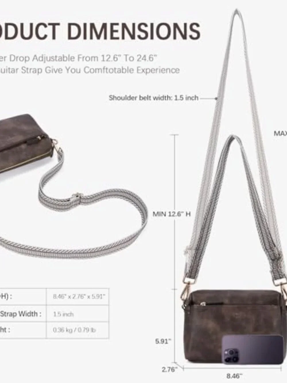 Triple Zip Vegan Leather Crossbody Purse with Guitar Strap for Women